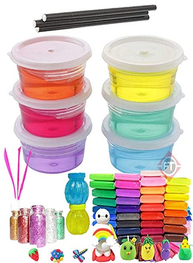 Firstly T Combo 36pcs Clay (3 Sets of 12 Colors)+6 Slime+2 Pot+ Straws+ Glitter+Tools Free Stickers Kit Set for Girls and Boys with Art Craft Supplies for Kids Ages 8-10, 9-12, 12-16 Old - Image 1